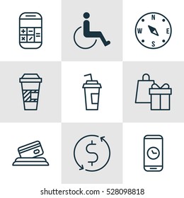 Set Of 9 Travel Icons. Can Be Used For Web, Mobile, UI And Infographic Design. Includes Elements Such As Accessibility, Calculation, Credit Card And More.