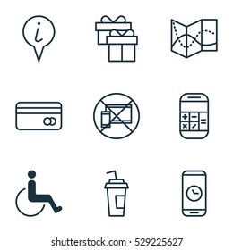Set Of 9 Travel Icons. Can Be Used For Web, Mobile, UI And Infographic Design. Includes Elements Such As Present, Info Pointer, Plastic Card And More.