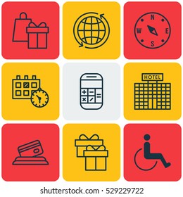 Set Of 9 Travel Icons. Can Be Used For Web, Mobile, UI And Infographic Design. Includes Elements Such As Present, Accessibility, Resort Development And More.
