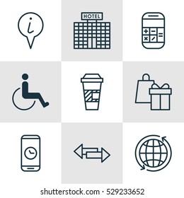 Set Of 9 Travel Icons. Can Be Used For Web, Mobile, UI And Infographic Design. Includes Elements Such As Calculation, Info Pointer, Shopping And More.