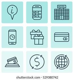 Set Of 9 Travel Icons. Can Be Used For Web, Mobile, UI And Infographic Design. Includes Elements Such As Calculation, Call Duration, Money Trasnfer And More.