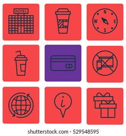 Set Of 9 Travel Icons. Can Be Used For Web, Mobile, UI And Infographic Design. Includes Elements Such As Plastic Card, Forbidden Mobile, Locate And More.