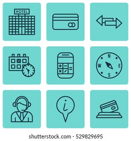 Set Of 9 Travel Icons. Can Be Used For Web, Mobile, UI And Infographic Design. Includes Elements Such As Appointment, Info Pointer, Credit Card And More.