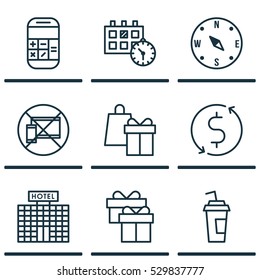 Set Of 9 Travel Icons. Can Be Used For Web, Mobile, UI And Infographic Design. Includes Elements Such As Appointment, Present, Locate And More.