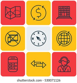 Set Of 9 Travel Icons. Can Be Used For Web, Mobile, UI And Infographic Design. Includes Elements Such As Locate, Road Map, World And More.
