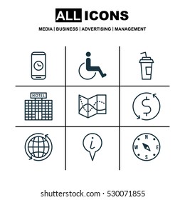 Set Of 9 Travel Icons. Can Be Used For Web, Mobile, UI And Infographic Design. Includes Elements Such As Call Duration, Drink Cup, Road Map And More.