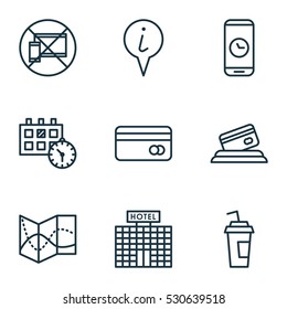 Set Of 9 Travel Icons. Can Be Used For Web, Mobile, UI And Infographic Design. Includes Elements Such As Appointment, Road Map, Call Duration And More.