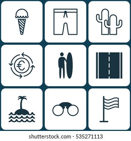 Set Of 9 Travel Icons. Includes Frozen Food, Photo Camera, Pin And Other Symbols. Beautiful Design Elements.
