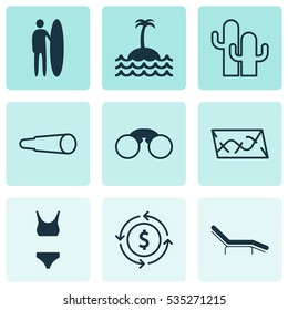 Set Of 9 Travel Icons. Includes Surf-Board, Route, Money Recycle And Other Symbols. Beautiful Design Elements.