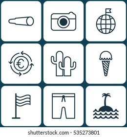 Set Of 9 Travel Icons. Includes Reef, Pin, Cacti And Other Symbols. Beautiful Design Elements.