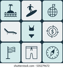 Set Of 9 Travel Icons. Includes Pin, Travel Direction, Reef And Other Symbols. Beautiful Design Elements.