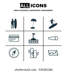 Set Of 9 Travel Icons. Includes Route, Reef, Boardsports And Other Symbols. Beautiful Design Elements.