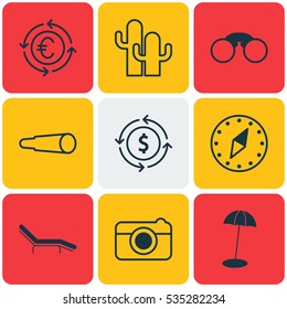 Set Of 9 Travel Icons. Includes Cacti, Street, Money Recycle And Other Symbols. Beautiful Design Elements.