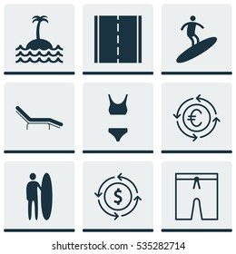 Set Of 9 Travel Icons. Includes Money Recycle, Currency Recycle, Boardsports And Other Symbols. Beautiful Design Elements.