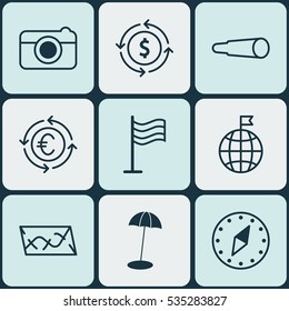 Set Of 9 Travel Icons. Includes Cardinal Direction, Street, Pin And Other Symbols. Beautiful Design Elements.