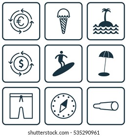 Set Of 9 Travel Icons. Includes Money Recycle, Frozen Food, Boardsports And Other Symbols. Beautiful Design Elements.