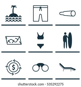 Set Of 9 Travel Icons. Includes Reef, Pair Of Glasses, Surf-Board And Other Symbols. Beautiful Design Elements.