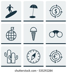 Set Of 9 Travel Icons. Includes Boardsports, Currency Recycle, Pair Of Glasses And Other Symbols. Beautiful Design Elements.