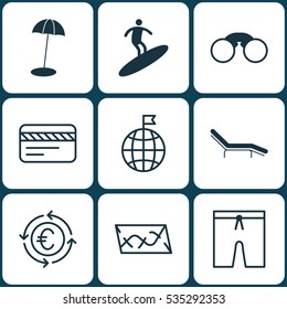 Set Of 9 Travel Icons. Includes Coast Parasol, Chaise Longue, Bank Card And Other Symbols. Beautiful Design Elements.