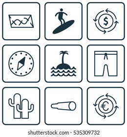 Set Of 9 Travel Icons. Includes Route, Boardsports, Cardinal Direction And Other Symbols. Beautiful Design Elements.