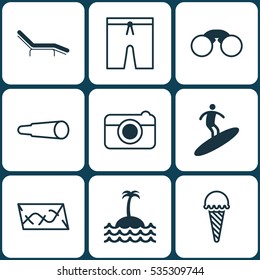 Set Of 9 Travel Icons. Includes Chaise Longue, Magnifying Glasses, Pair Of Glasses And Other Symbols. Beautiful Design Elements.