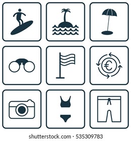 Set Of 9 Travel Icons. Includes Reef, Boardsports, Pair Of Glasses And Other Symbols. Beautiful Design Elements.