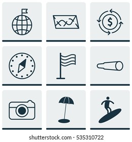 Set Of 9 Travel Icons. Includes Magnifying Glasses, Route, Pin And Other Symbols. Beautiful Design Elements.