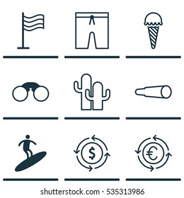 Set Of 9 Travel Icons. Includes Boardsports, Money Recycle, Pair Of Glasses And Other Symbols. Beautiful Design Elements.