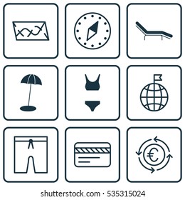 Set Of 9 Travel Icons. Includes Bathing Costume, Route, Currency Recycle And Other Symbols. Beautiful Design Elements.
