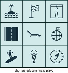 Set Of 9 Travel Icons. Includes Reef, Boardsports, Swimming Clothes And Other Symbols. Beautiful Design Elements.