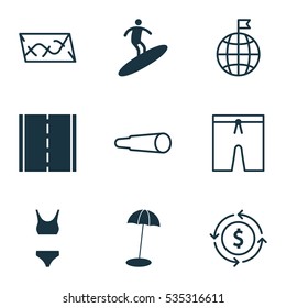 Set Of 9 Travel Icons. Includes Money Recycle, Coast Parasol, Bathing Costume And Other Symbols. Beautiful Design Elements.