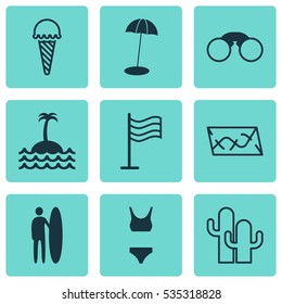 Set Of 9 Travel Icons. Includes Cacti, Bathing Costume, Surf-Board And Other Symbols. Beautiful Design Elements.