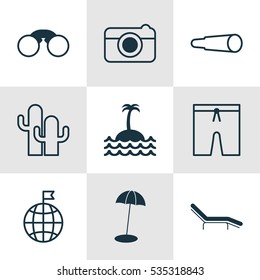 Set Of 9 Travel Icons. Includes Coast Parasol, Swimming Clothes, Cacti And Other Symbols. Beautiful Design Elements.