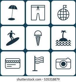 Set Of 9 Travel Icons. Includes Bank Card, Swimming Clothes, Reef And Other Symbols. Beautiful Design Elements.