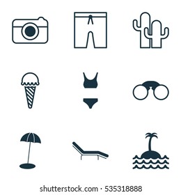 Set Of 9 Travel Icons. Includes Swimming Clothes, Frozen Food, Bathing Costume And Other Symbols. Beautiful Design Elements.