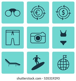 Set Of 9 Travel Icons. Includes Boardsports, Money Recycle, Travel Direction And Other Symbols. Beautiful Design Elements.