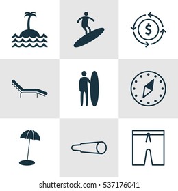 Set Of 9 Travel Icons. Includes Chaise Longue, Coast Parasol, Boardsports And Other Symbols. Beautiful Design Elements.