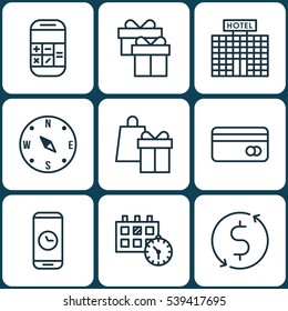 Set Of 9 Travel Icons. Includes Locate, Shopping, Appointment And Other Symbols. Beautiful Design Elements.