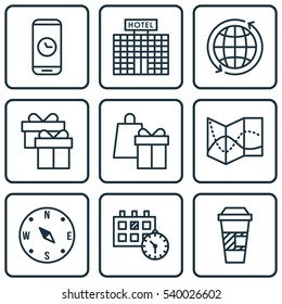 Set Of 9 Travel Icons. Includes Road Map, Locate, Resort Development And Other Symbols. Beautiful Design Elements.