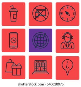 Set Of 9 Travel Icons. Includes Operator, World, Airfield Manufacture And Other Symbols. Beautiful Design Elements.