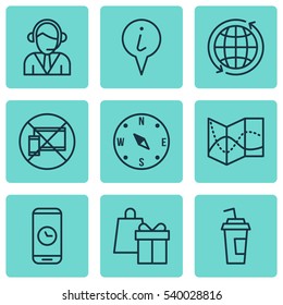 Set Of 9 Travel Icons. Includes Operator, Shopping, Locate And Other Symbols. Beautiful Design Elements.