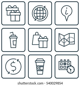 Set Of 9 Travel Icons. Includes Takeaway Coffee, Shopping, Info Pointer And Other Symbols. Beautiful Design Elements.