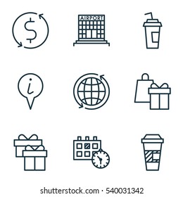 Set Of 9 Travel Icons. Includes Info Pointer, Takeaway Coffee, Drink Cup And Other Symbols. Beautiful Design Elements.