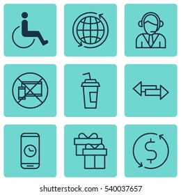 Set Of 9 Travel Icons. Includes World, Money Trasnfer, Accessibility And Other Symbols. Beautiful Design Elements.