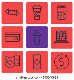 Set Of 9 Travel Icons. Includes Call Duration, Road Map, Crossroad And Other Symbols. Beautiful Design Elements.