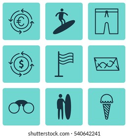Set Of 9 Travel Icons. Includes Currency Recycle, Boardsports, Swimming Clothes And Other Symbols. Beautiful Design Elements.