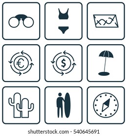 Set Of 9 Travel Icons. Includes Pair Of Glasses, Bathing Costume, Coast Parasol And Other Symbols. Beautiful Design Elements.