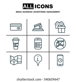 Set Of 9 Travel Icons. Includes Plastic Card, Road Map, Credit Card And Other Symbols. Beautiful Design Elements.
