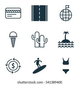 Set Of 9 Travel Icons. Includes Cacti, Frozen Food, Boardsports And Other Symbols. Beautiful Design Elements.