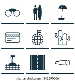 Set Of 9 Travel Icons. Includes Pair Of Glasses, Surf-Board, Travel Direction And Other Symbols. Beautiful Design Elements.